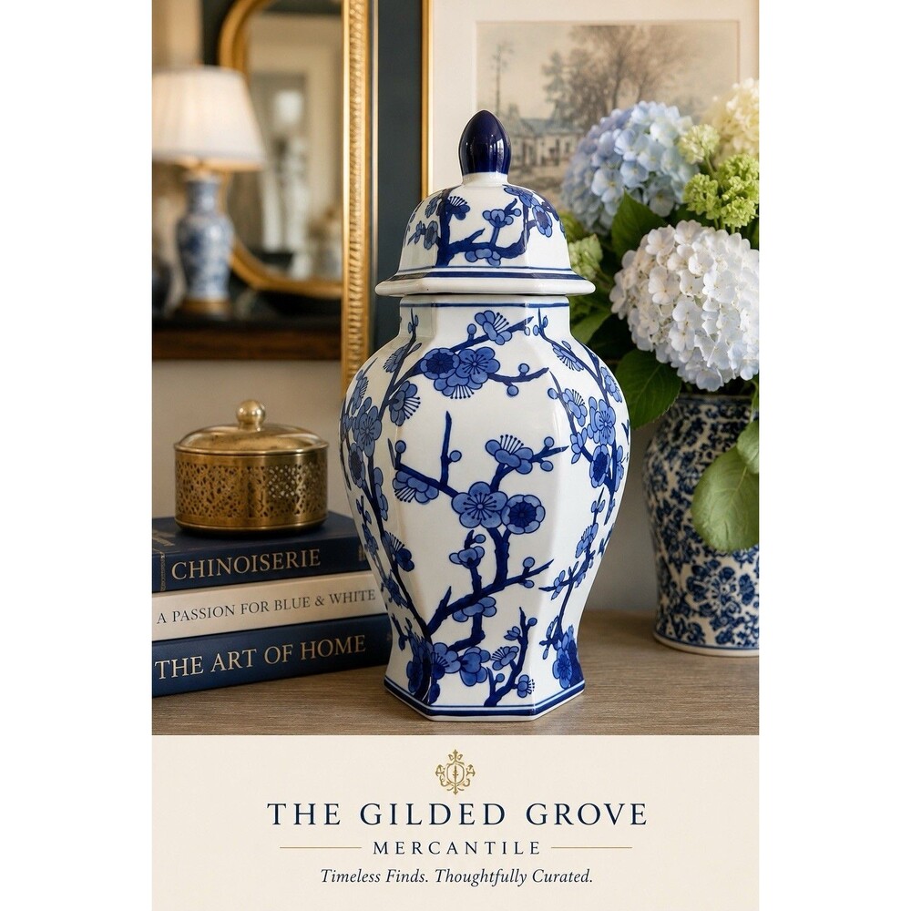 Barclay Butera Napa Home Blue White Chinoiserie Lidded Ginger Jar 15” NWT